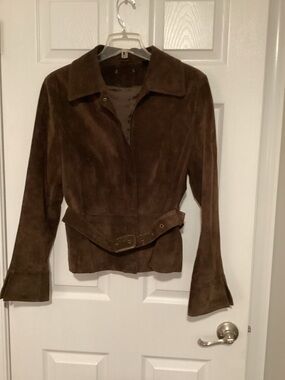 Brown Genuine Suede and Fur Belted Women's Jacket